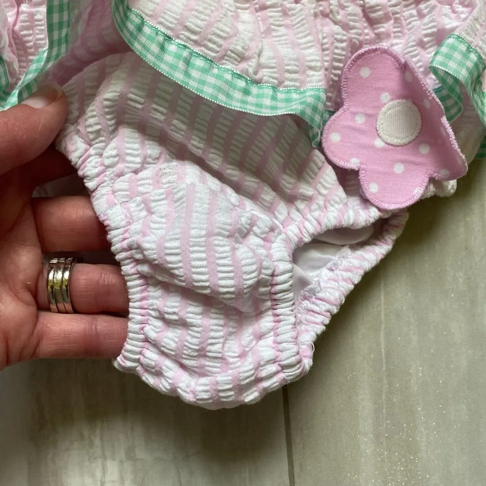 Funtasia Too! Light Pink Seersucker One-Piece Swimsuit with Smocked Back, 4T